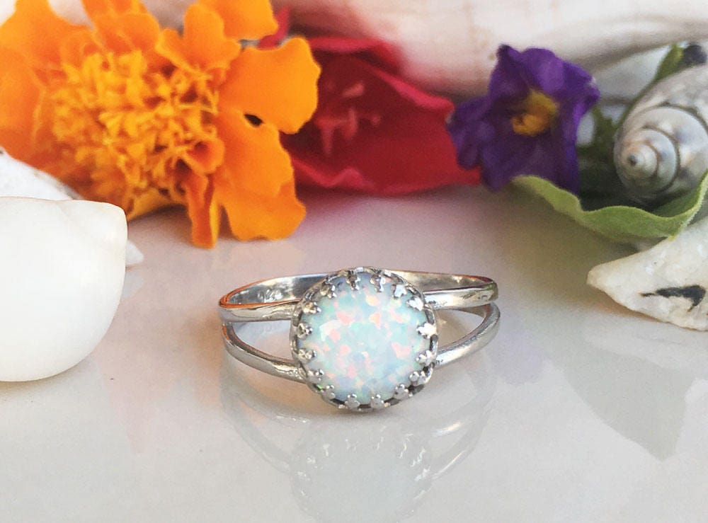 White Opal Ring - White Opal Gemstone Simple Double Band Round Crown Ring - H.L.Jewelry