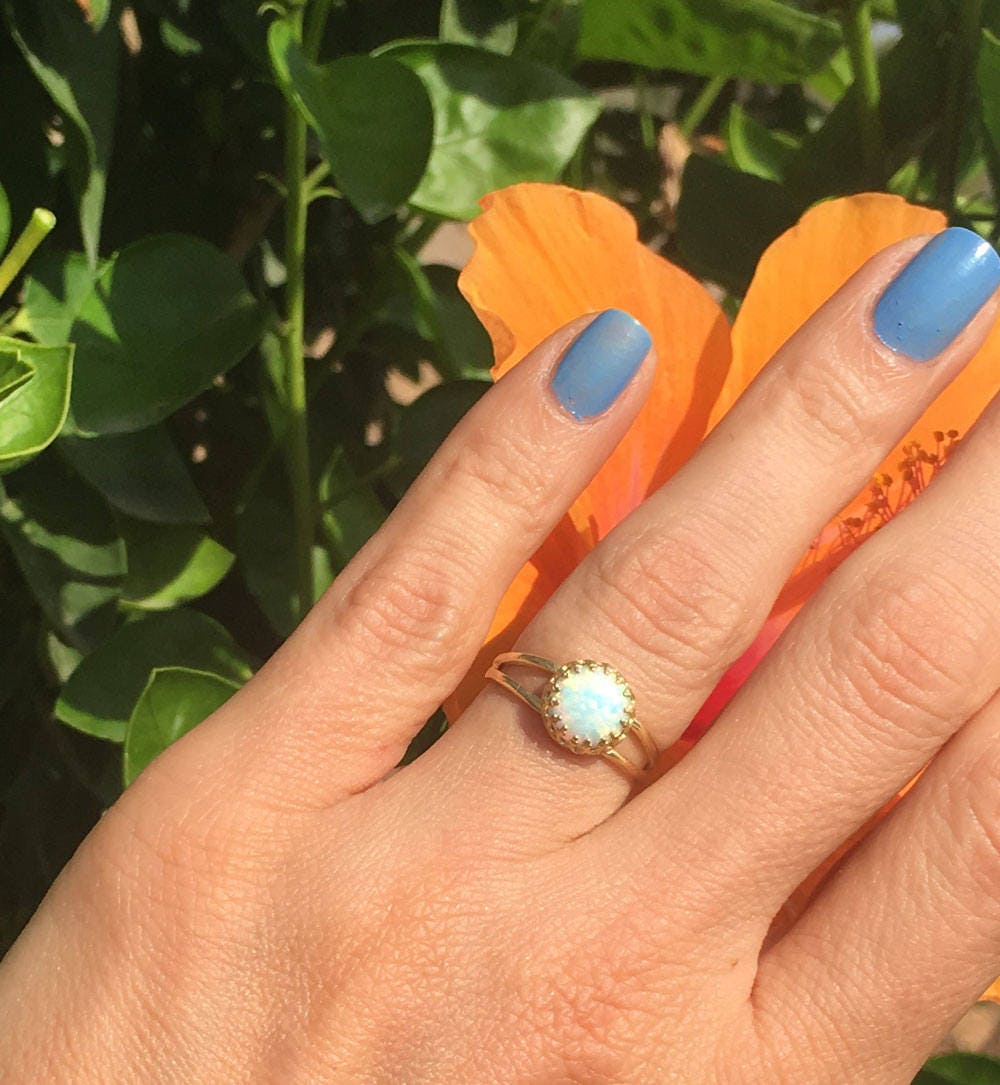 White Opal Ring - White Opal Gemstone Simple Double Band Round Crown Ring - H.L.Jewelry