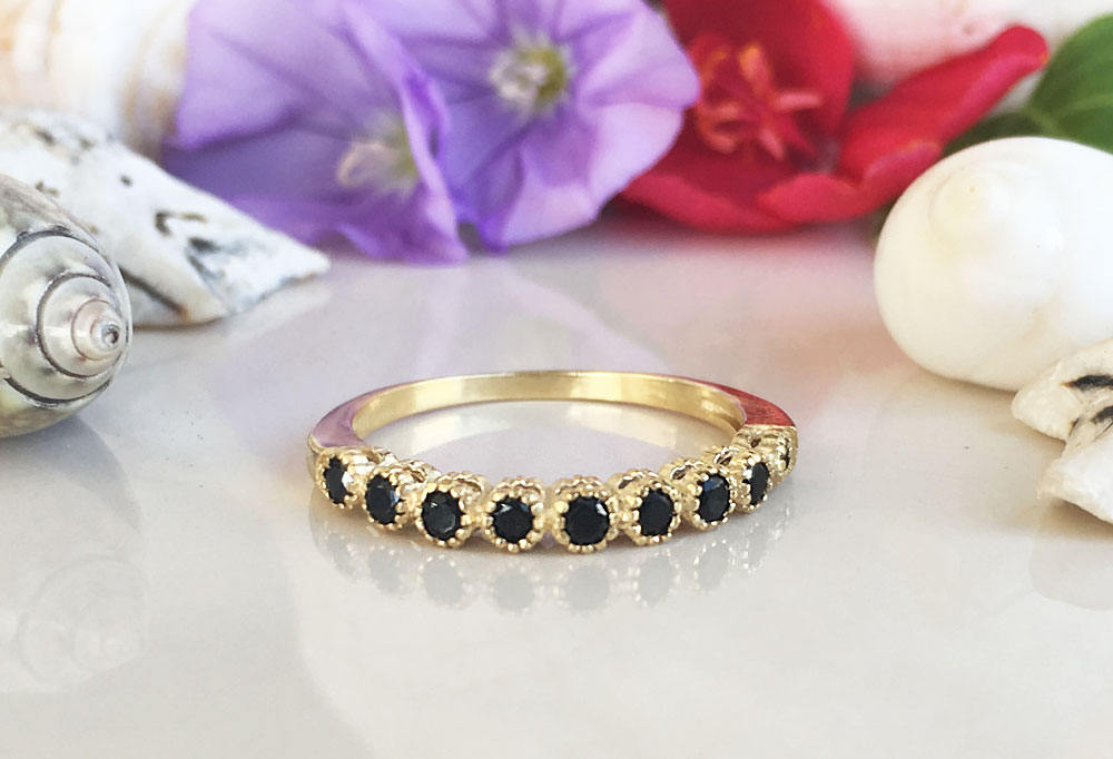 Black Onyx Ring - December Birthstone - Stacking Ring with Nine Round Black Onyx Stones - H.L.Jewelry