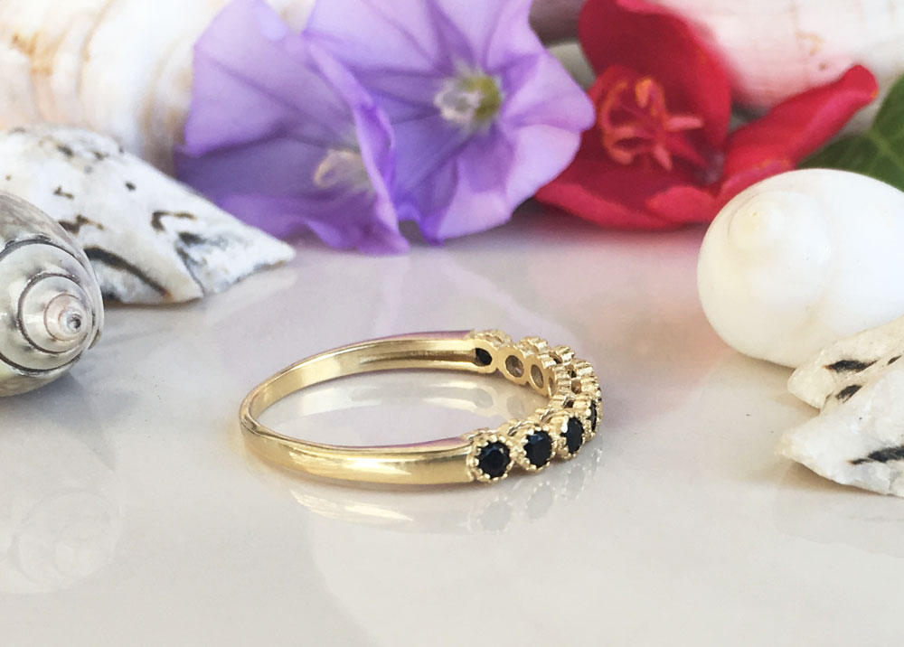 Black Onyx Ring - December Birthstone - Stacking Ring with Nine Round Black Onyx Stones - H.L.Jewelry