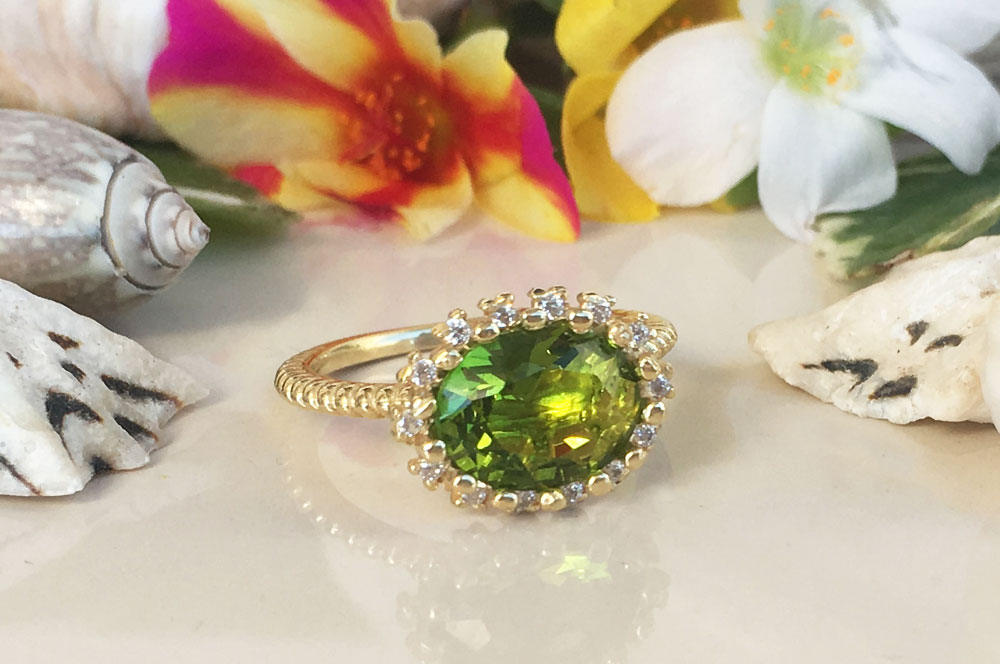 Peridot Ring - August Birthstone - Statement Engagement Ring with Oval Peridot Gemstone and Clear Quartz Halo - H.L.Jewelry