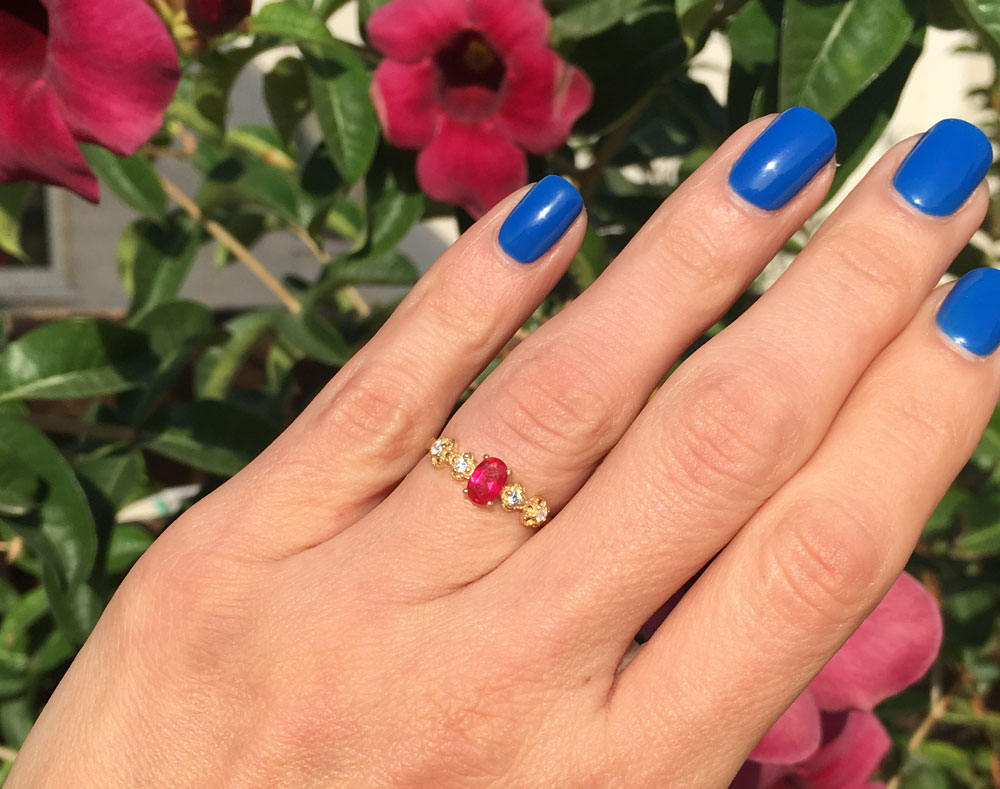 Ruby Ring - July Birthstone - Oval Ruby Gemstone Flower Setting Delicate Ring with Clear Quartz Accents - H.L.Jewelry