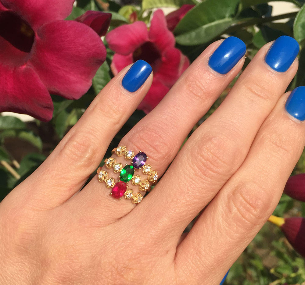 Ruby Ring - July Birthstone - Oval Ruby Gemstone Flower Setting Delicate Ring with Clear Quartz Accents - H.L.Jewelry