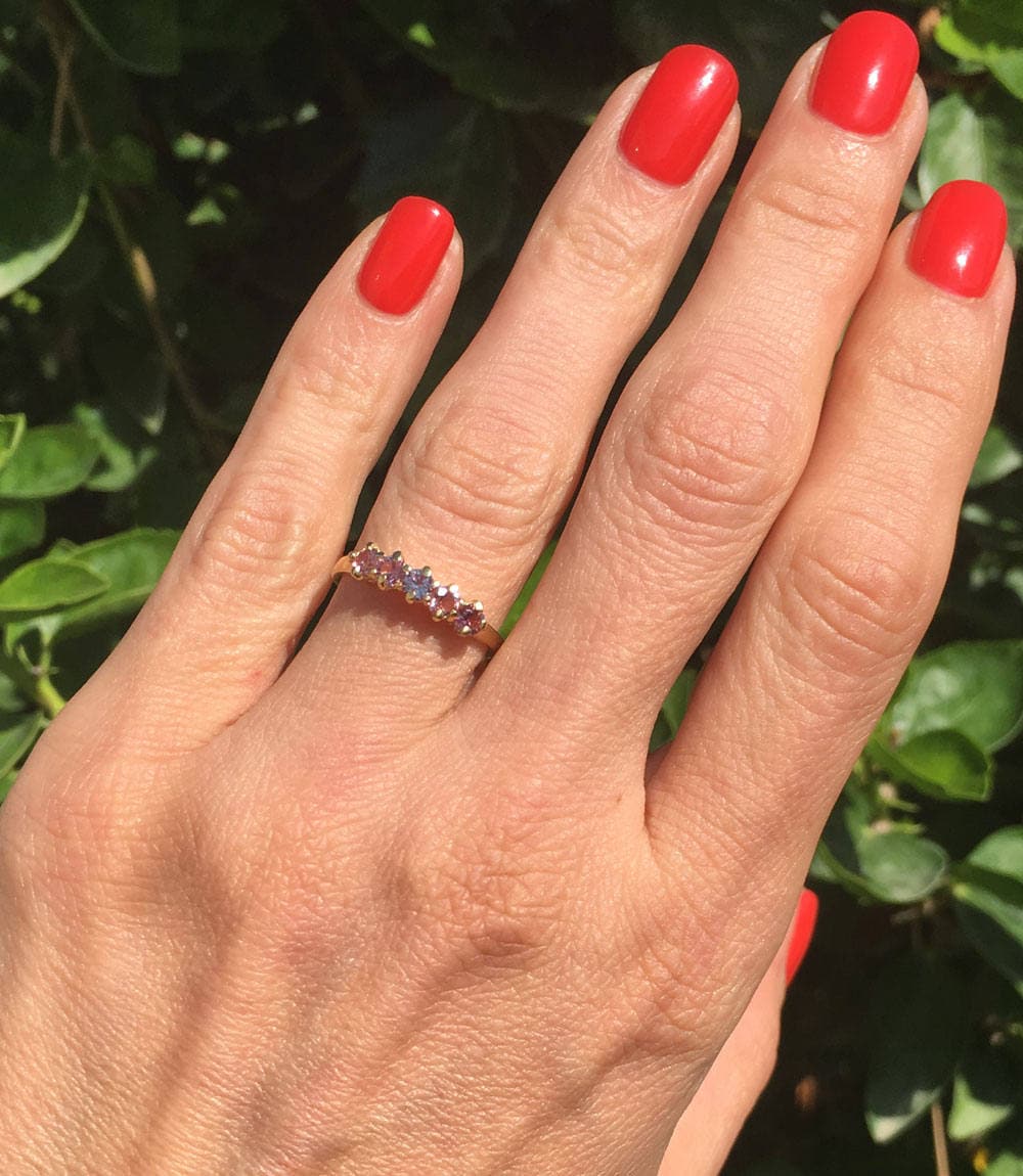 Alexandrite Ring - June Birthstone - Stacking Ring with Five Round Alexandrite Stones - H.L.Jewelry