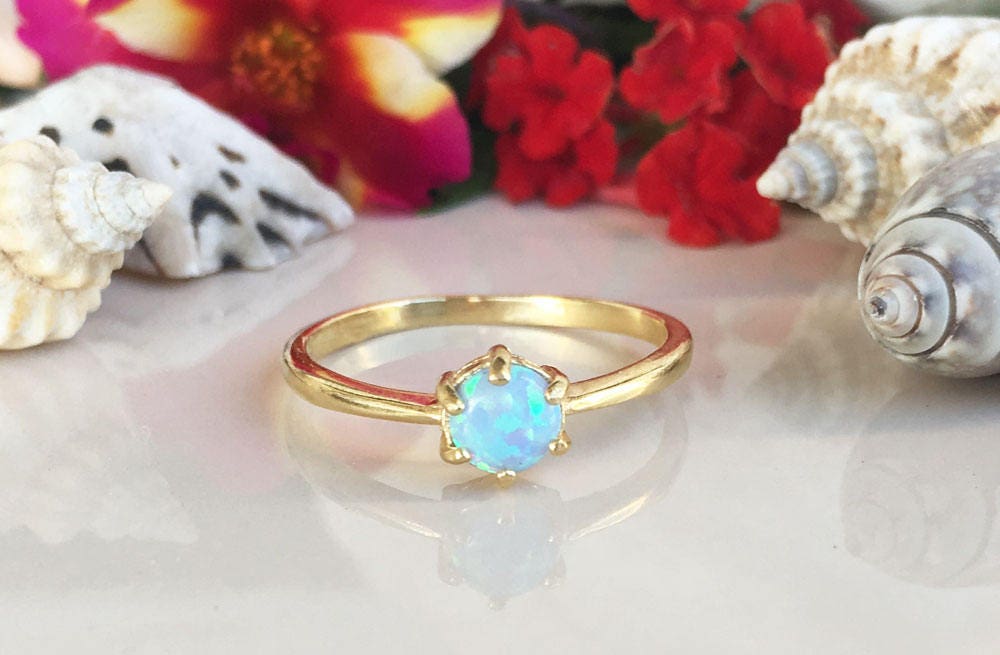 Blue Opal Ring - October Birthstone - Simple Ring with Round Blue Opal Gemstone - H.L.Jewelry