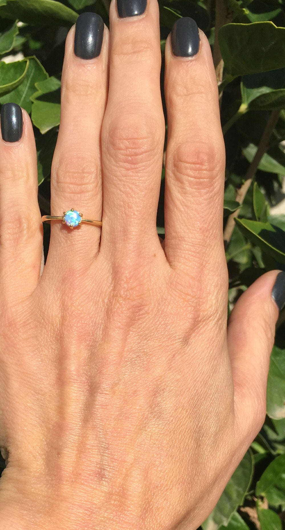 Blue Opal Ring - October Birthstone - Simple Ring with Round Blue Opal Gemstone - H.L.Jewelry