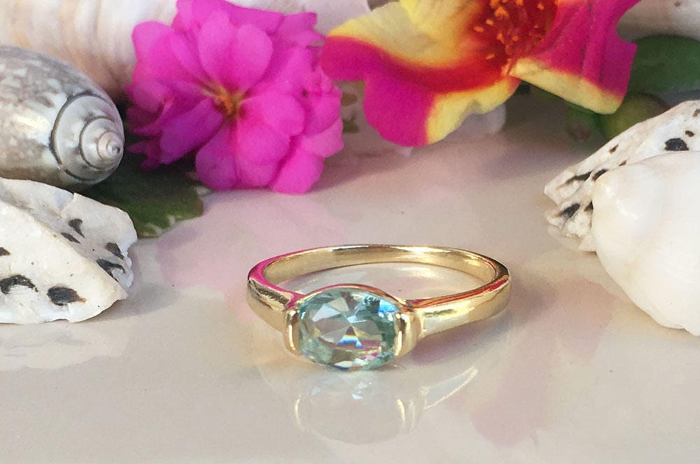 Aquamarine Ring - March Birthstone - Simple Ring with Oval Aquamarine Stone - H.L.Jewelry