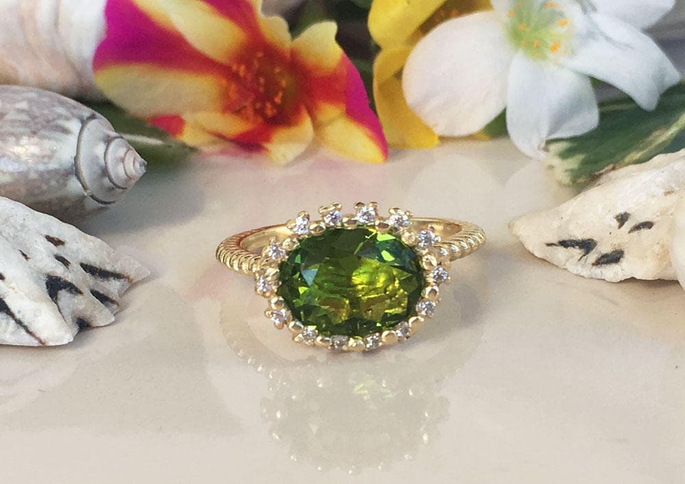 Peridot Ring - August Birthstone - Statement Engagement Ring with Oval Peridot Gemstone and Clear Quartz Halo - H.L.Jewelry