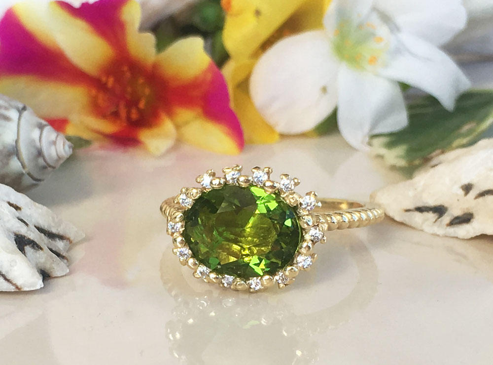 Peridot Ring - August Birthstone - Statement Engagement Ring with Oval Peridot Gemstone and Clear Quartz Halo - H.L.Jewelry