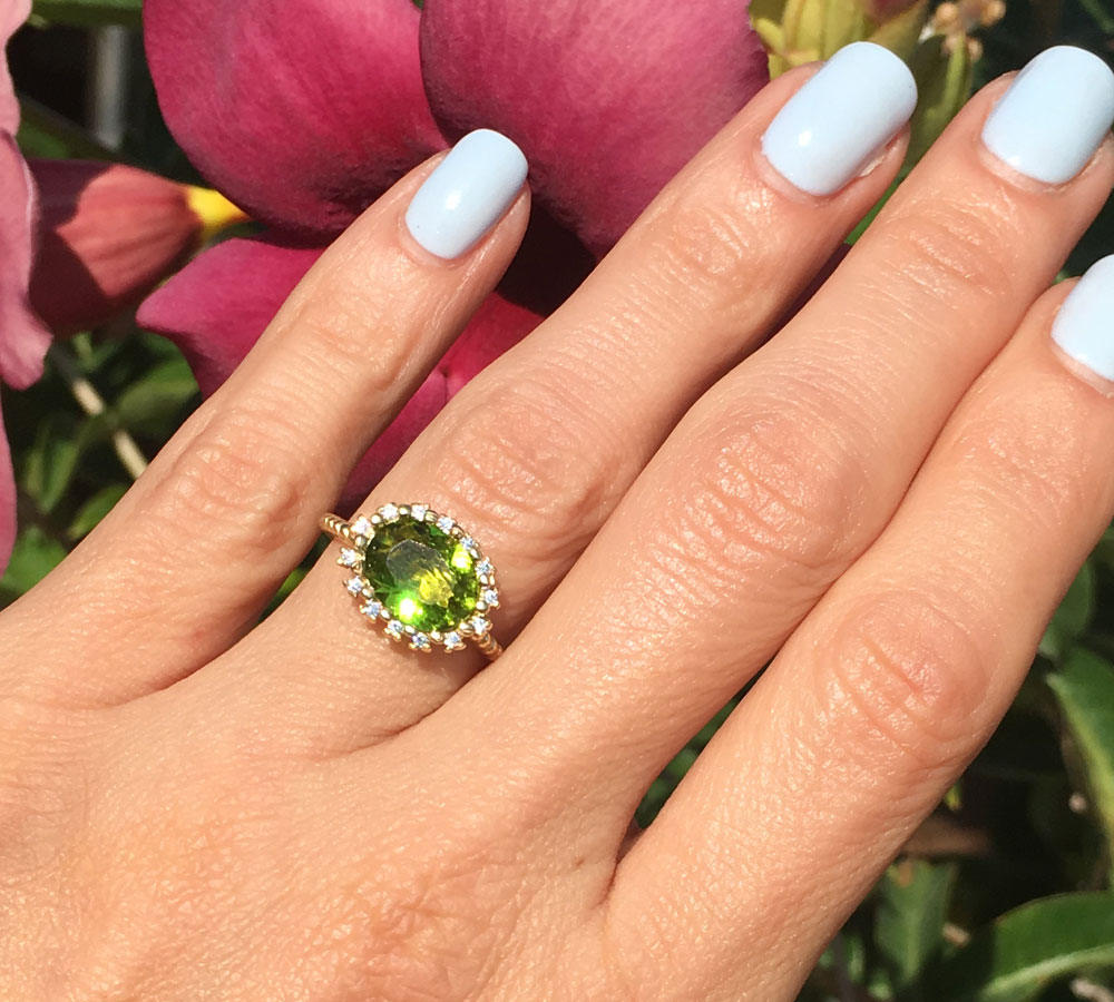 Peridot Ring - August Birthstone - Statement Engagement Ring with Oval Peridot Gemstone and Clear Quartz Halo - H.L.Jewelry