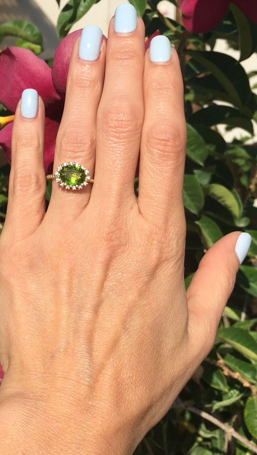 Peridot Ring - August Birthstone - Statement Engagement Ring with Oval Peridot Gemstone and Clear Quartz Halo - H.L.Jewelry