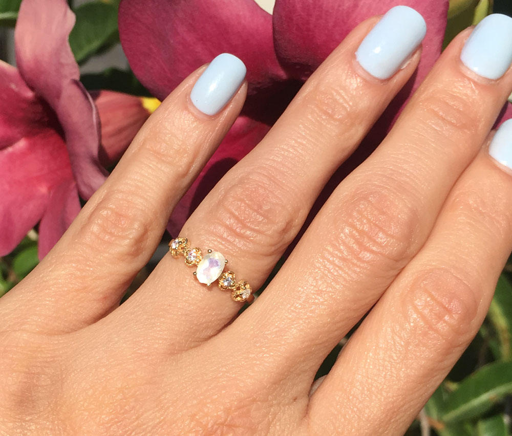 Rainbow Moonstone Ring - June Birthstone - Oval Rainbow Moonstone Flower Setting Delicate Ring with Clear Quartz Accents - H.L.Jewelry