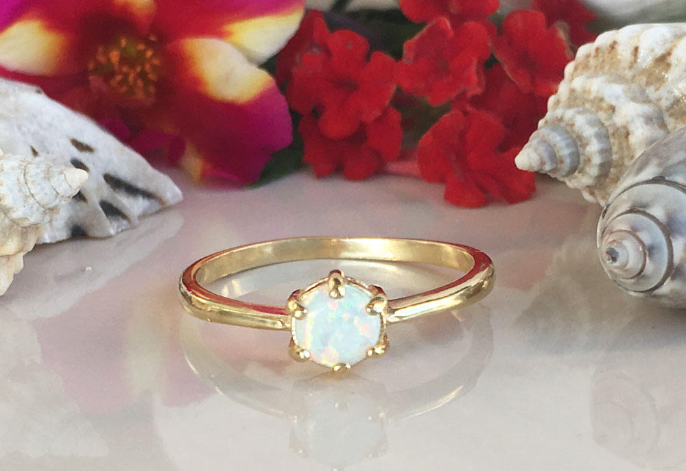 White Opal Ring - Round White Opal Gemstone Simple Delicate Ring - H.L.Jewelry