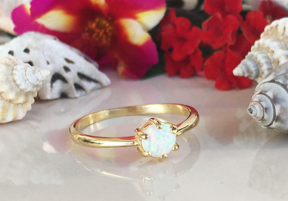 White Opal Ring - Round White Opal Gemstone Simple Delicate Ring - H.L.Jewelry