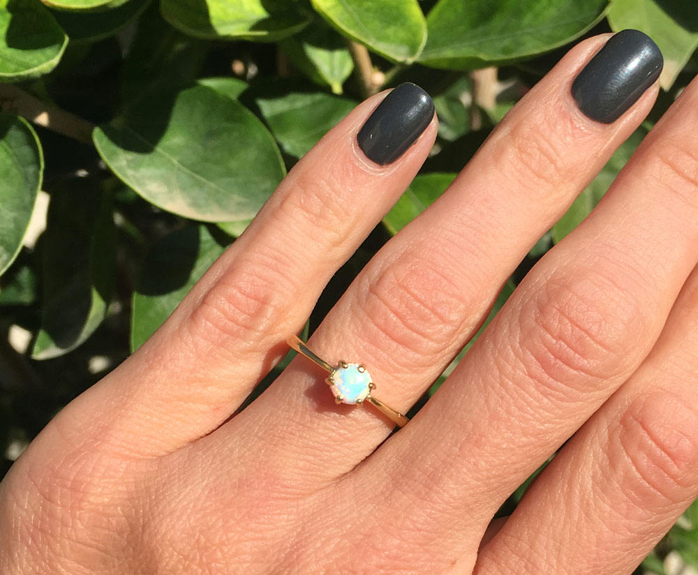 White Opal Ring - Round White Opal Gemstone Simple Delicate Ring - H.L.Jewelry