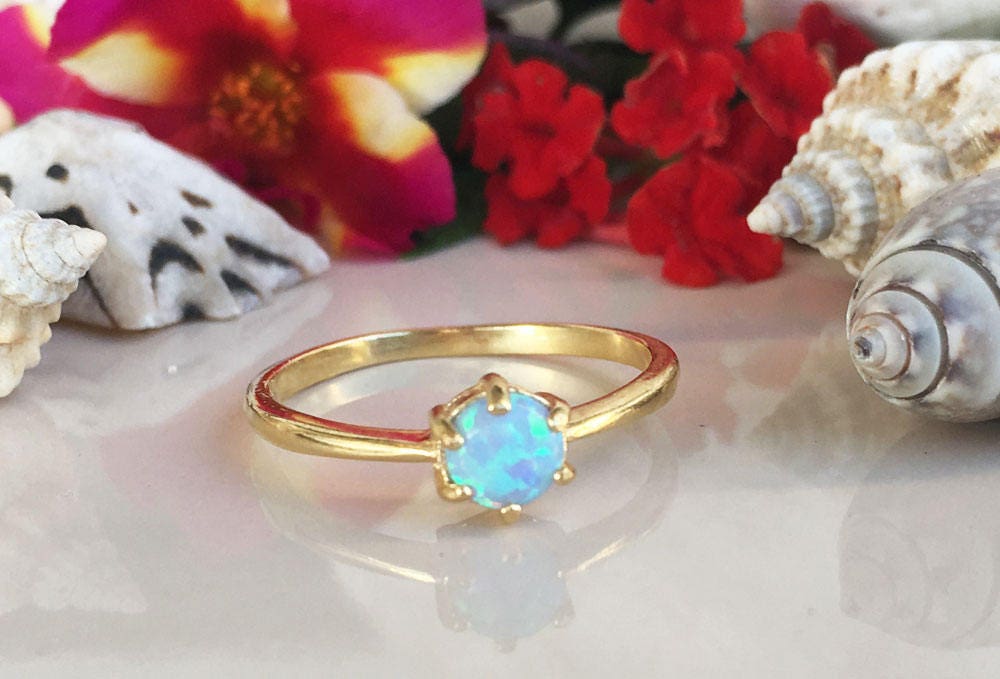 Blue Opal Ring - October Birthstone - Simple Ring with Round Blue Opal Gemstone - H.L.Jewelry