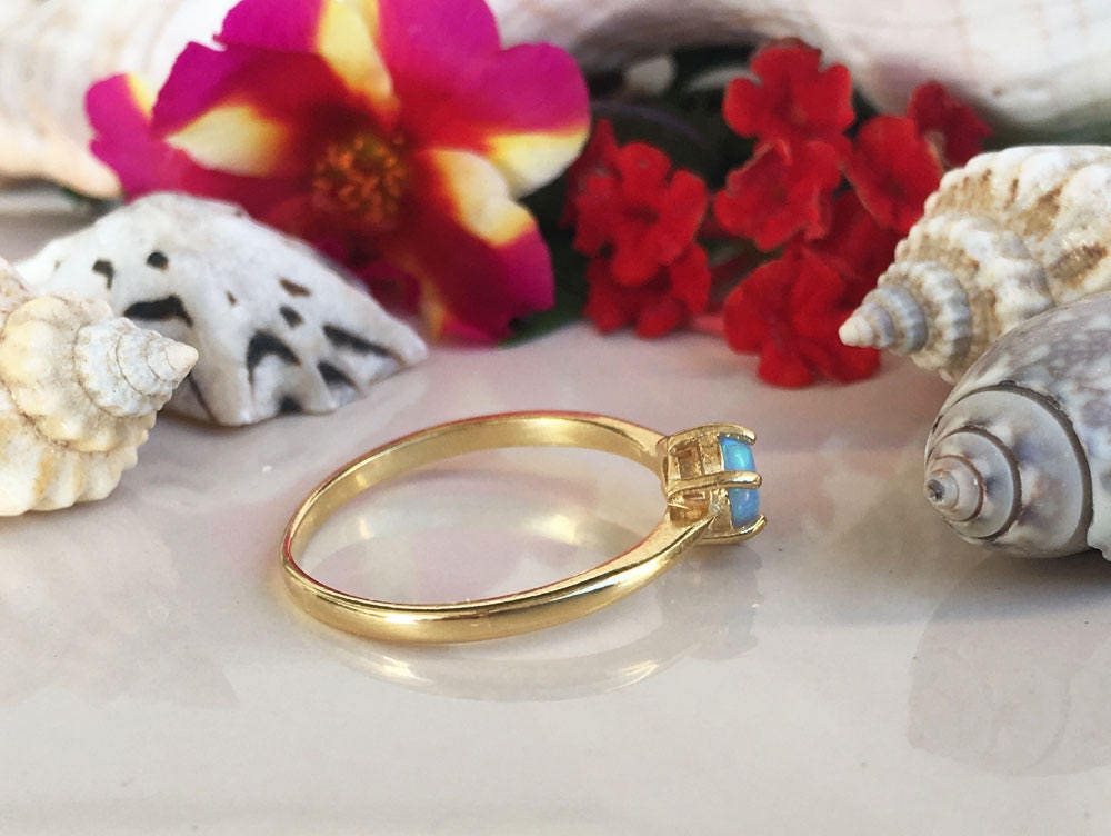 Blue Opal Ring - October Birthstone - Simple Ring with Round Blue Opal Gemstone - H.L.Jewelry