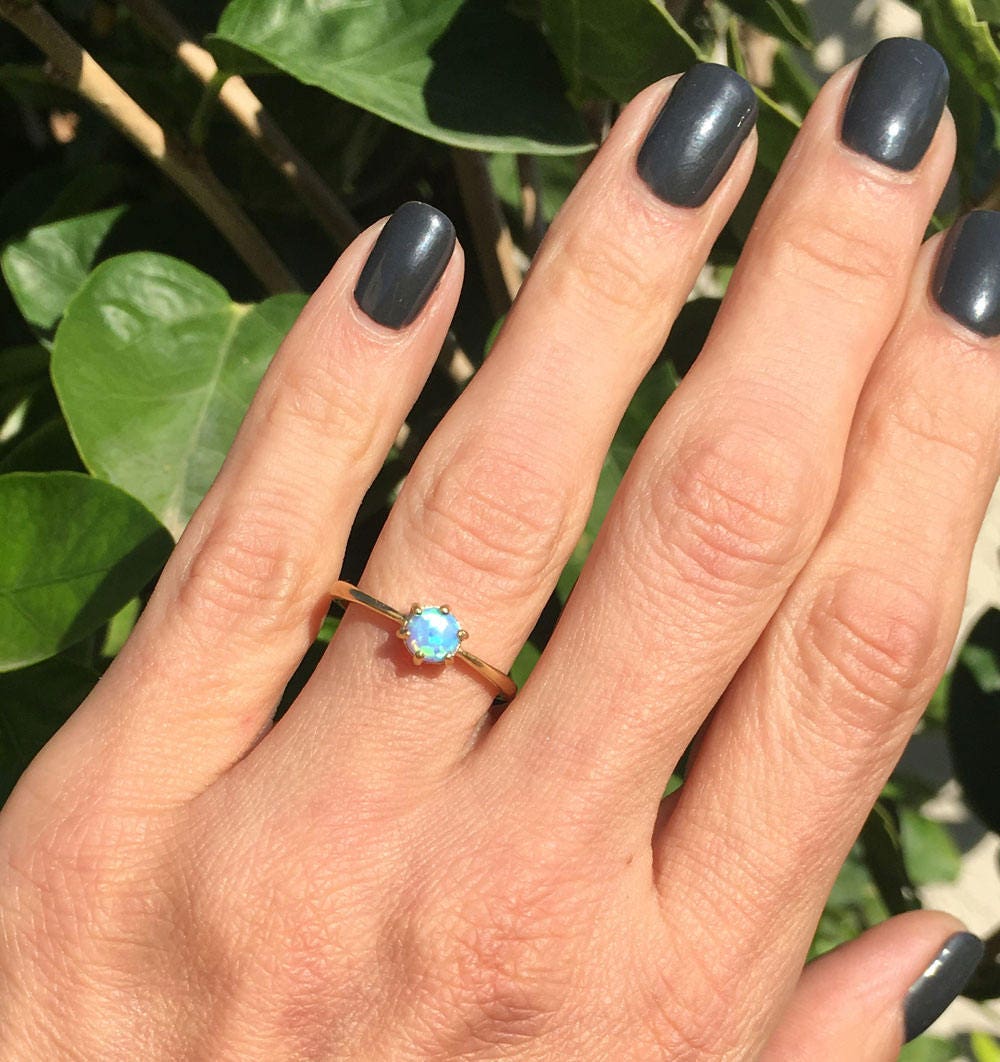 Blue Opal Ring - October Birthstone - Simple Ring with Round Blue Opal Gemstone - H.L.Jewelry