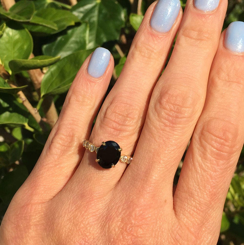 Black Onyx Ring - December Birthstone - Oval Black Onyx Gemstone Statement Engagement Ring with Clear Quartz Accents - H.L.Jewelry