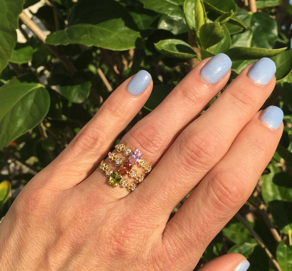 Peridot Ring - August Birthstone - Oval Peridot Gemstone Flower Setting Delicate Ring with Clear Quartz Accents - H.L.Jewelry