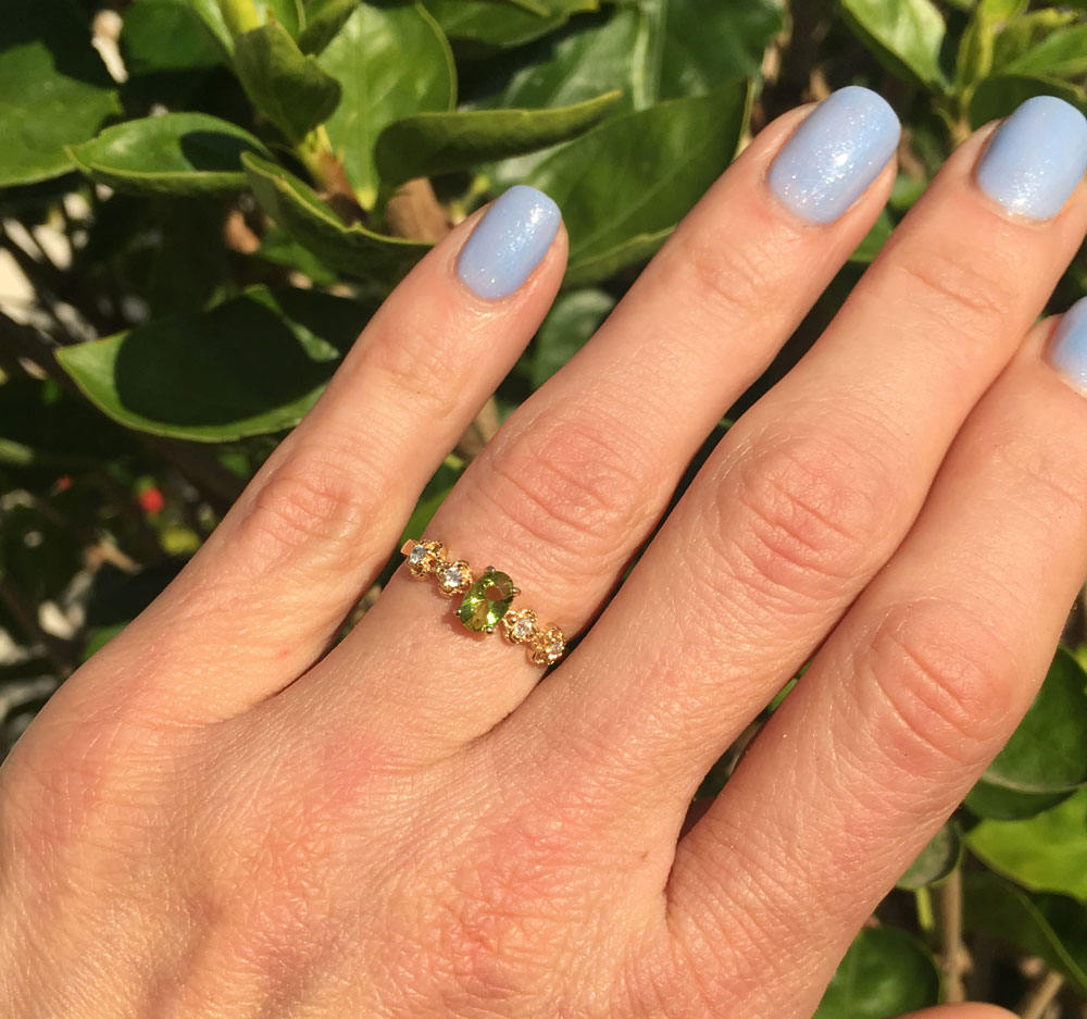 Peridot Ring - August Birthstone - Oval Peridot Gemstone Flower Setting Delicate Ring with Clear Quartz Accents - H.L.Jewelry