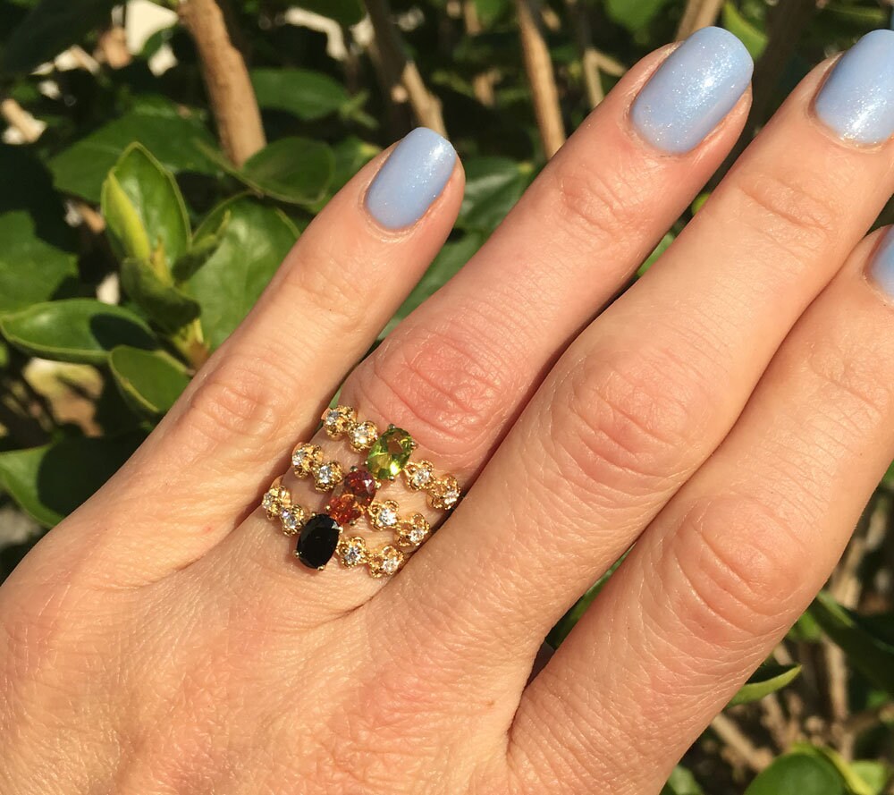 Rainbow Moonstone Ring - June Birthstone - Oval Rainbow Moonstone Flower Setting Delicate Ring with Clear Quartz Accents - H.L.Jewelry