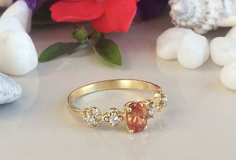 Citrine Ring - November Birthstone - Delicate Ring with Oval Citrine Gemstone and Flower Setting with Clear Quartz Accents - H.L.Jewelry