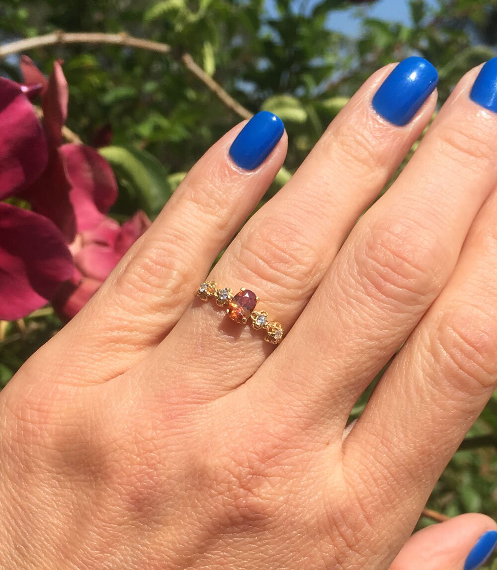 Citrine Ring - November Birthstone - Delicate Ring with Oval Citrine Gemstone and Flower Setting with Clear Quartz Accents - H.L.Jewelry