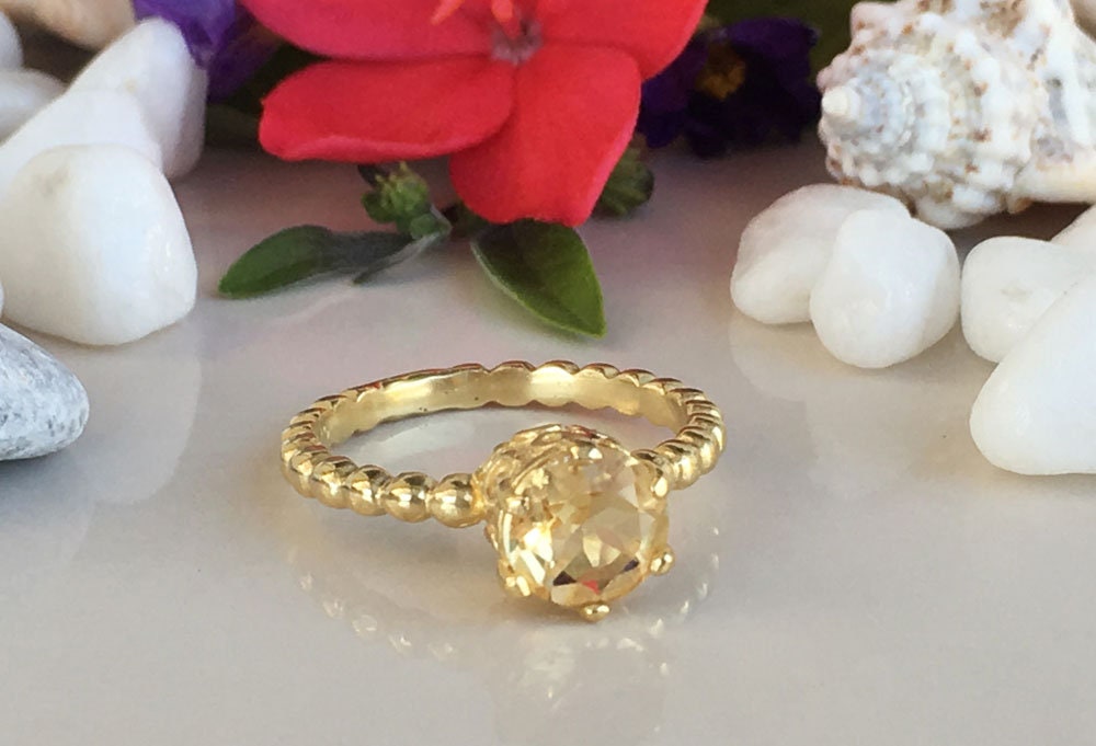 Citrine Ring - November Birthstone - Beaded Band Ring with Round Citrine Gemstone - H.L.Jewelry