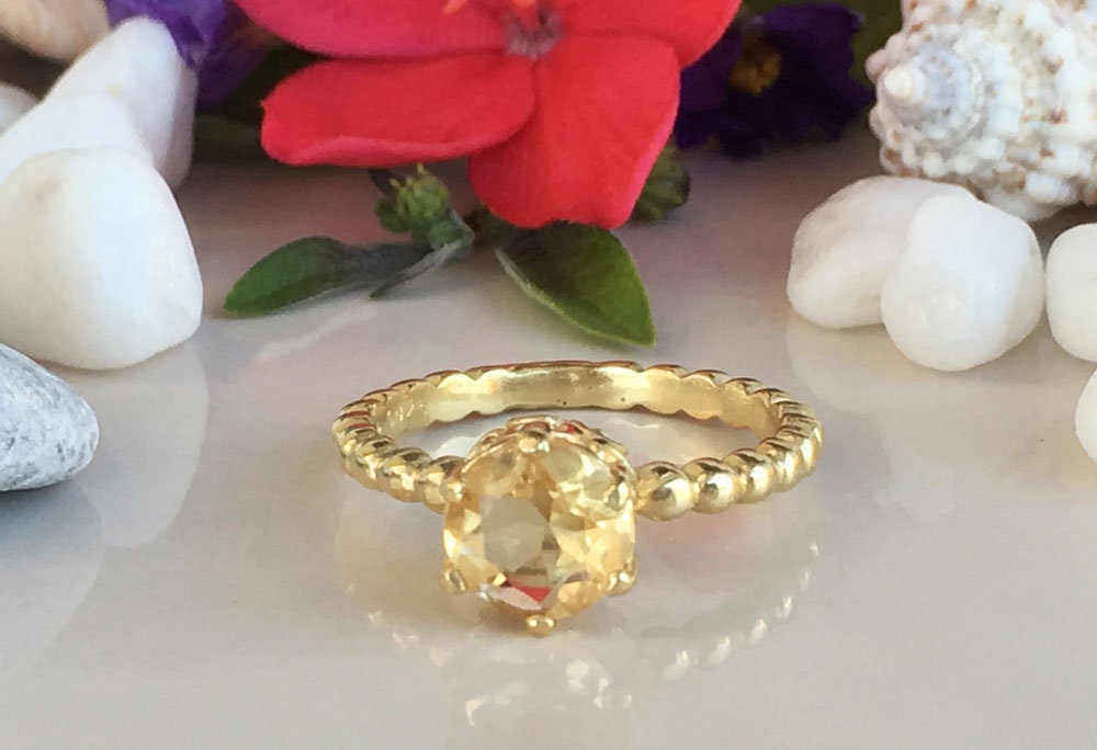 Citrine Ring - November Birthstone - Beaded Band Ring with Round Citrine Gemstone - H.L.Jewelry