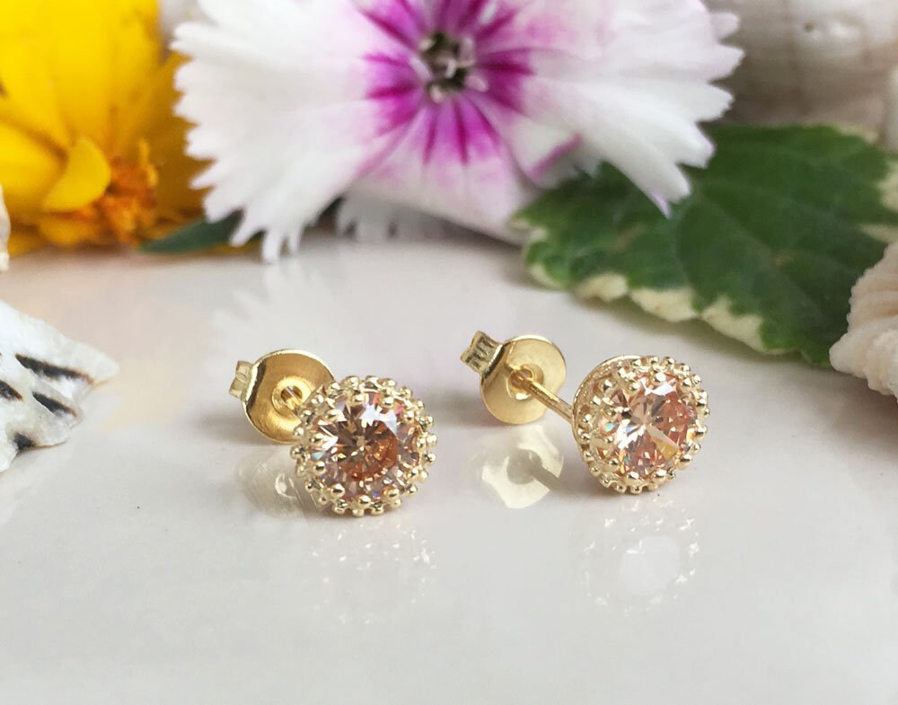 Citrine Earrings - November Birthstone - Small Round Stud Earrings with Citrine Gemstone - H.L.Jewelry