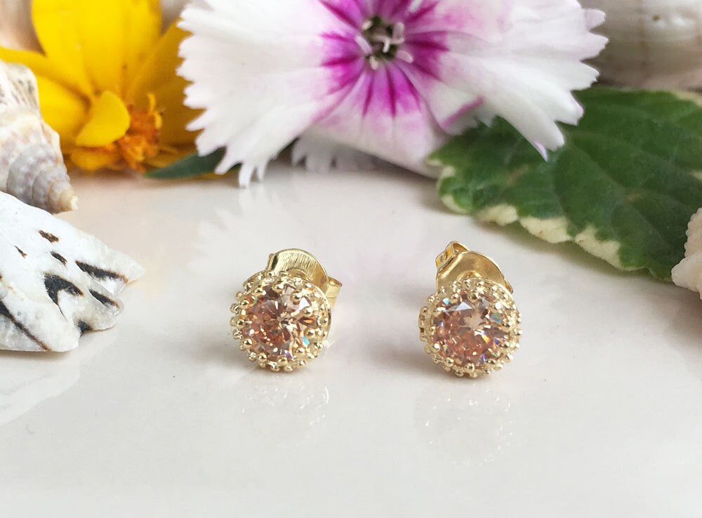 Citrine Earrings - November Birthstone - Small Round Stud Earrings with Citrine Gemstone - H.L.Jewelry