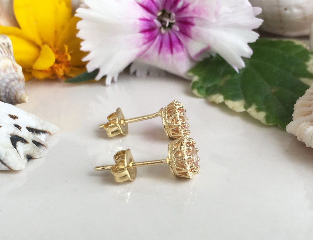 Citrine Earrings - November Birthstone - Small Round Stud Earrings with Citrine Gemstone - H.L.Jewelry