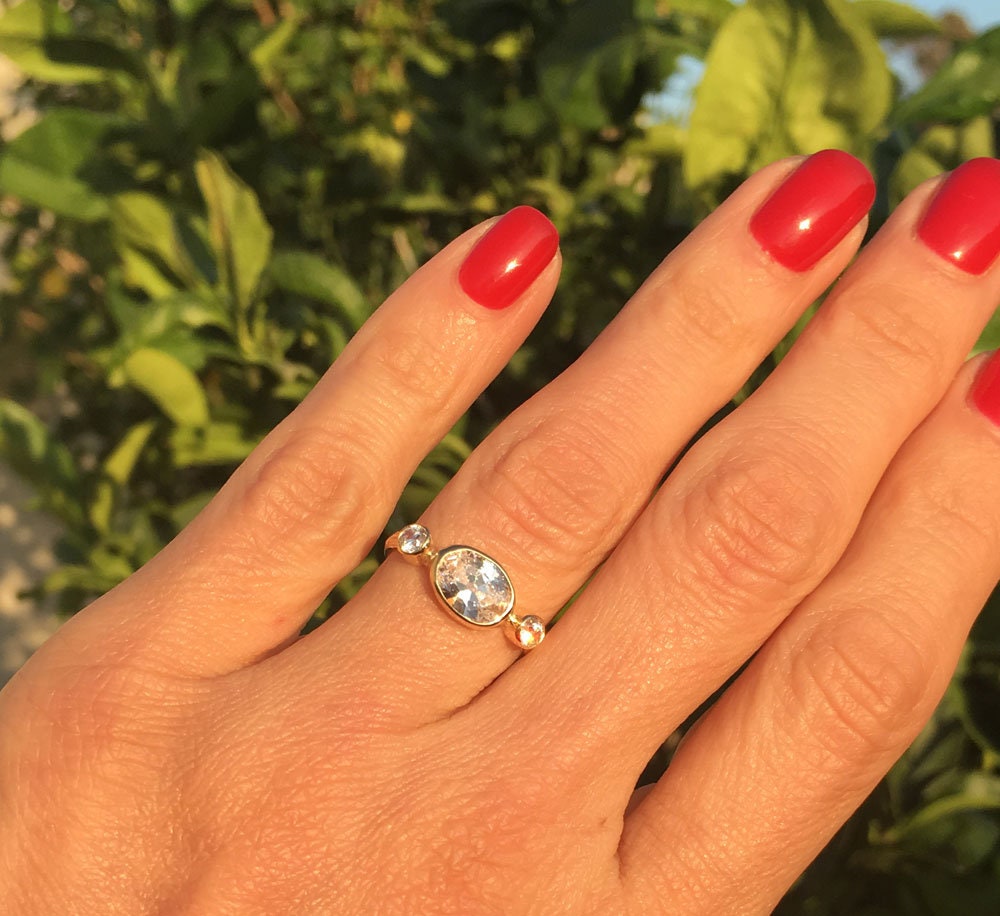 Clear Quartz Ring - April Birthstone - Bezel Set Ring with Oval Clear Quartz Gemstone and Small Clear Quartz Accents - H.L.Jewelry