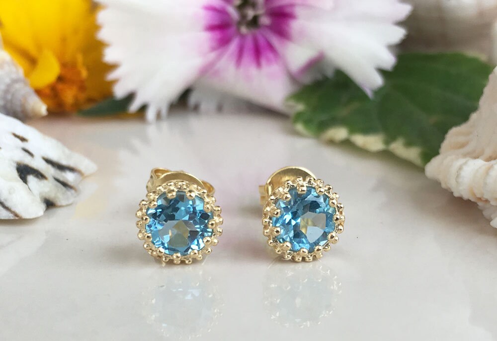 Blue Topaz Earrings - December Birthstone - Small Round Stud Earrings with Blue Topaz Gemstone - H.L.Jewelry