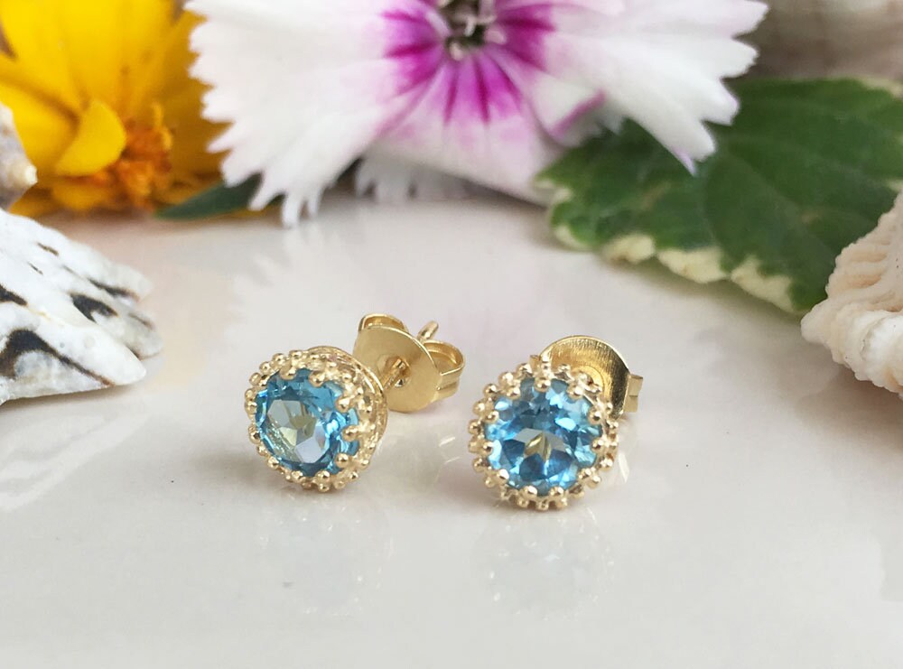 Blue Topaz Earrings - December Birthstone - Small Round Stud Earrings with Blue Topaz Gemstone - H.L.Jewelry