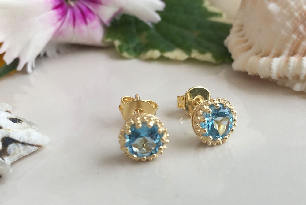 Blue Topaz Earrings - December Birthstone - Small Round Stud Earrings with Blue Topaz Gemstone - H.L.Jewelry