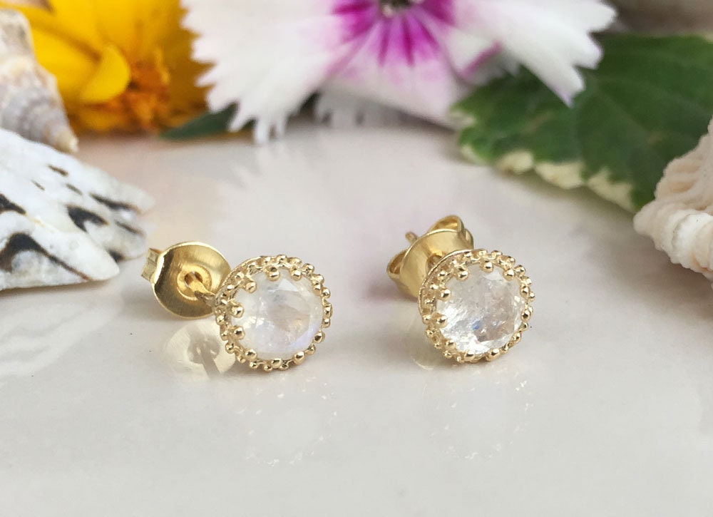 Rainbow Moonstone Simple Small Round Stud Earrings - June Birthstone - H.L.Jewelry