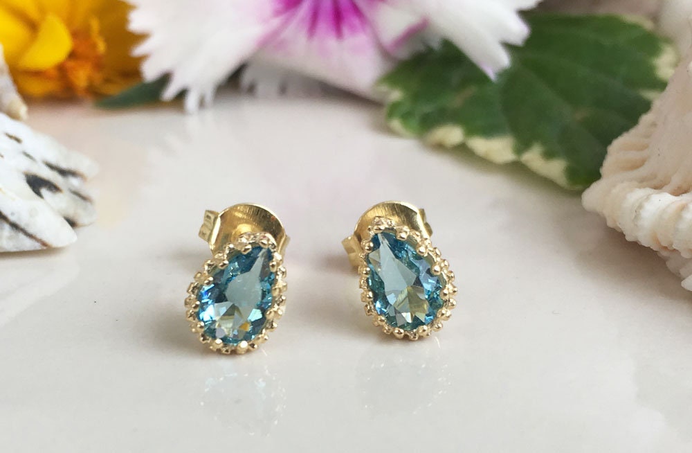 Blue Topaz Earrings - December Birthstone - Small Stud Earrings with Pear Shape Blue Topaz Gemstones - H.L.Jewelry