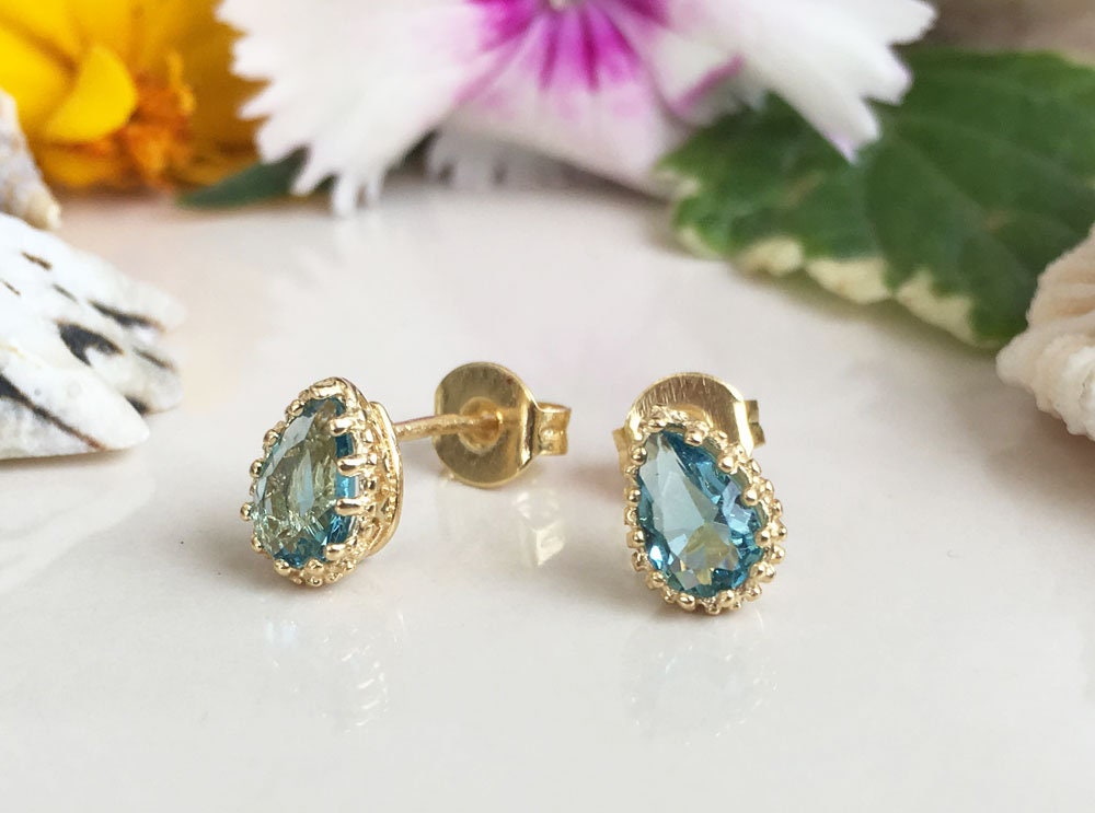 Blue Topaz Earrings - December Birthstone - Small Stud Earrings with Pear Shape Blue Topaz Gemstones - H.L.Jewelry