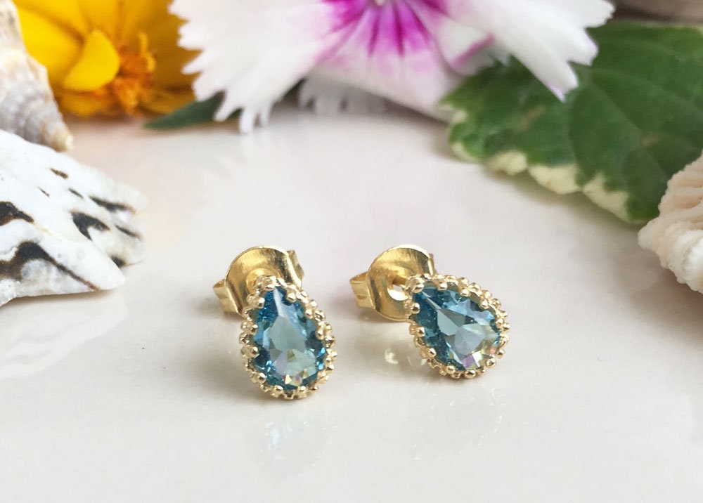 Blue Topaz Earrings - December Birthstone - Small Stud Earrings with Pear Shape Blue Topaz Gemstones - H.L.Jewelry