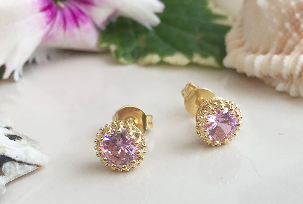 Rose Quartz Earrings - October Birthstone Jewelry - Small Round Stud Earrings - H.L.Jewelry