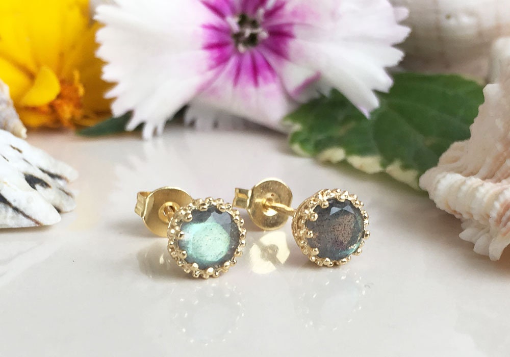 Labradorite Earrings - Small Round Stud Earrings with Labradorite Gemstone - H.L.Jewelry