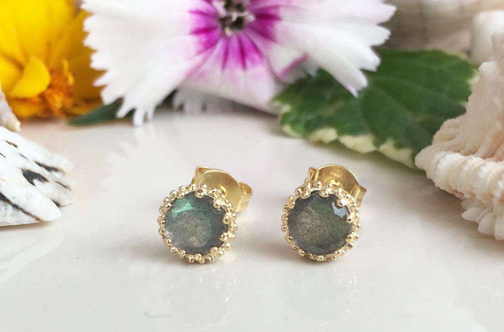 Labradorite Earrings - Small Round Stud Earrings with Labradorite Gemstone - H.L.Jewelry