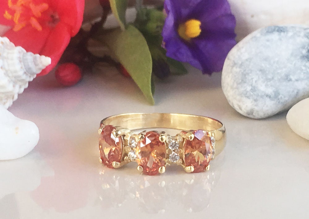 Citrine ring - November Birthstone - Three Oval Citrine Gemstone Ring with Clear Quartz Accents - H.L.Jewelry