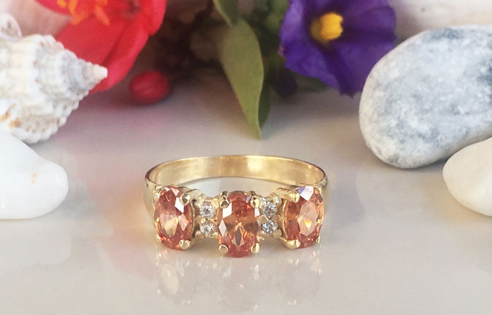 Citrine ring - November Birthstone - Three Oval Citrine Gemstone Ring with Clear Quartz Accents - H.L.Jewelry