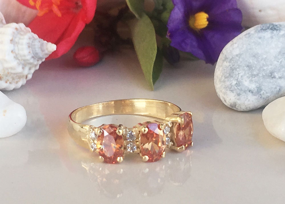 Citrine ring - November Birthstone - Three Oval Citrine Gemstone Ring with Clear Quartz Accents - H.L.Jewelry