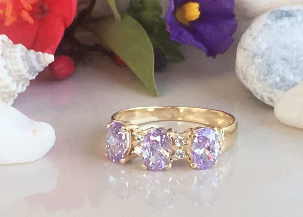 Lavender Amethyst Ring - Ring with Three Oval Lavender Amethyst Gemstones and Clear Quartz Accents - H.L.Jewelry