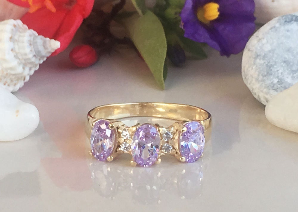 Lavender Amethyst Ring - Ring with Three Oval Lavender Amethyst Gemstones and Clear Quartz Accents - H.L.Jewelry