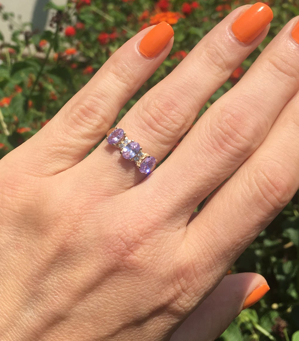 Lavender Amethyst Ring - Ring with Three Oval Lavender Amethyst Gemstones and Clear Quartz Accents - H.L.Jewelry